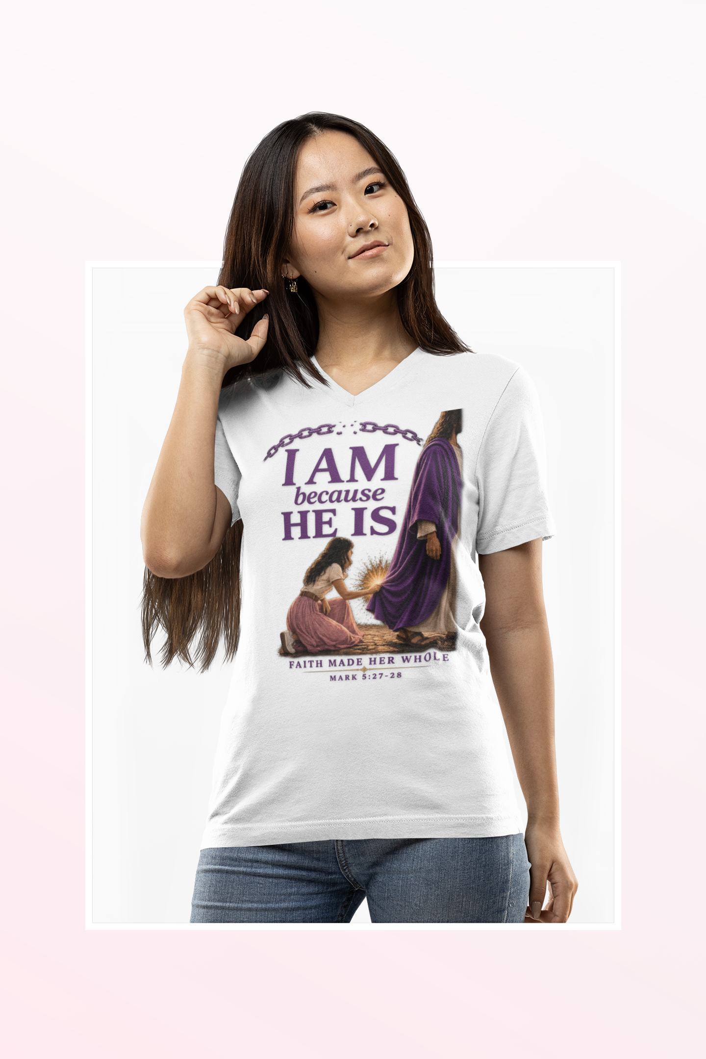 I AM because HE IS - Christian V-Neck Tee
